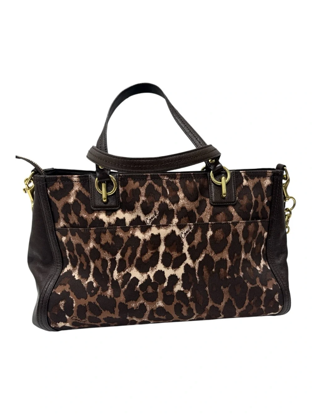 Coach Dark Brown Leopard Print Canvas and Leather Park Chain Ocelot shoulder bag